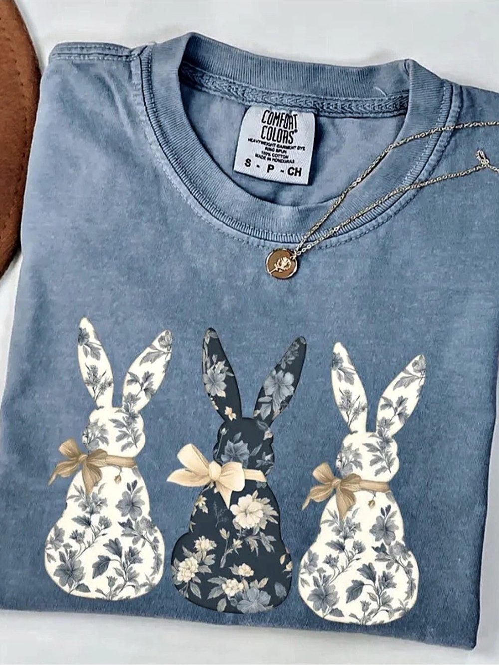 Comfort Colors Three Bunnies Design T Shirt Floral Graphic Tee Blue Jean & White